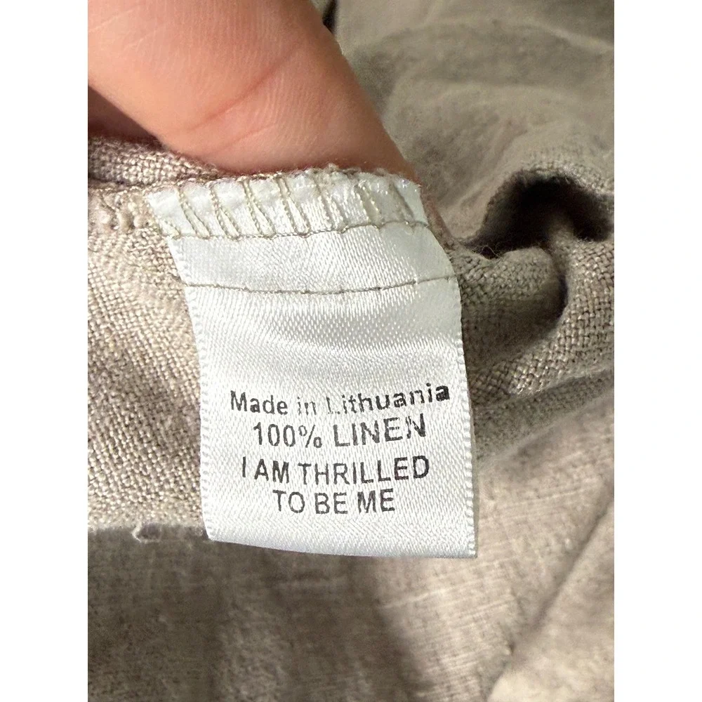 FLAX Womens 100% Linen V-Neck 3/4 Sleeve Tunic Top Oatmeal Beige Size P